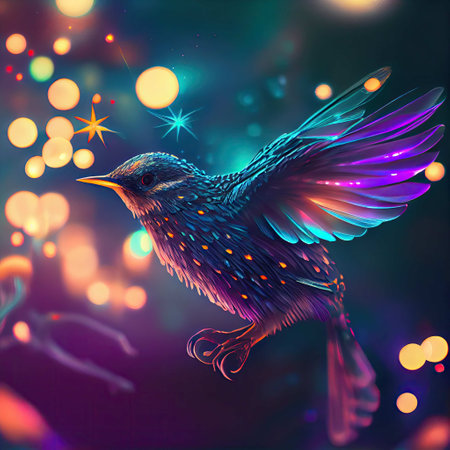 An AI-generated illustration of a bird soaring gracefully through the illuminated sky.の素材