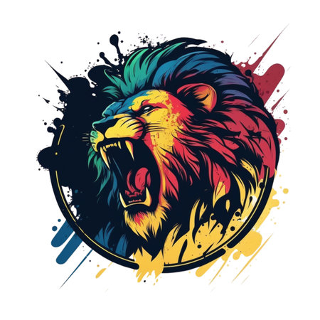 An AI generated illustration of a colorful lion with its mouth open in a circular frame on a white backgroundの素材