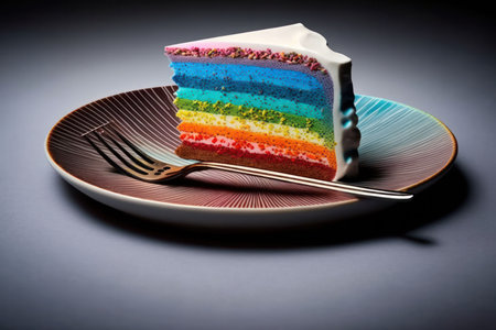 An AI generated illustration of a piece of rainbow cake with a fork on a plateの素材