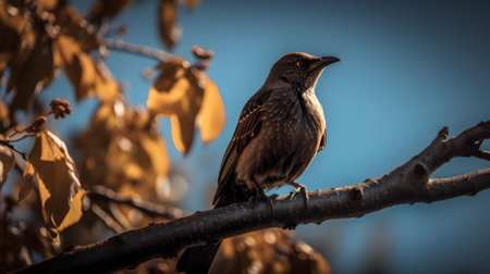An AI generated illustration of a bird perched on a branch, illuminated by the warm autumn sunの素材