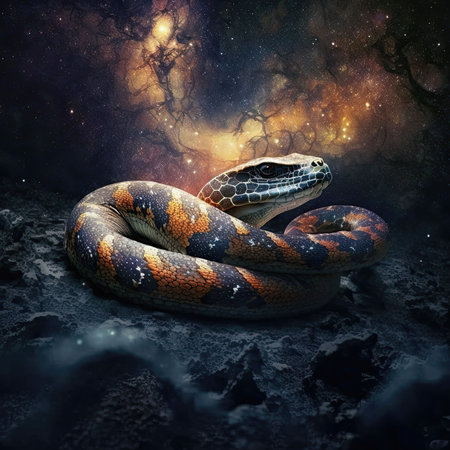 An AI-generated illustration of a snake coiled up on a dirt surface, with a blurred background.の素材