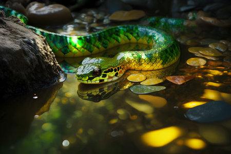 An AI generated illustration of a vibrant green snake perched in a shallow body of waterの素材