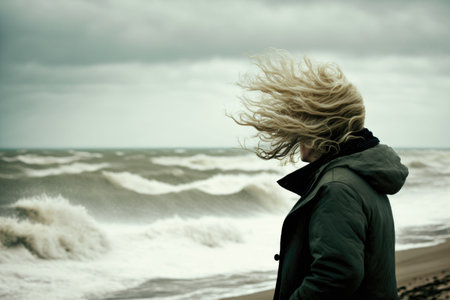 An AI-generated illustration of the female on the beach on a rainy and windy dayの素材
