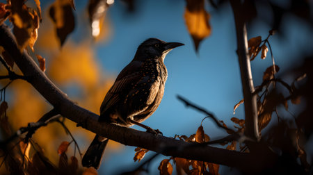 An AI generated illustration of a bird perched on a branch, illuminated by the warm autumn sunの素材