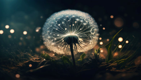 An AI generated illustration of a magical dandelion puff shimmering in the darknessの素材