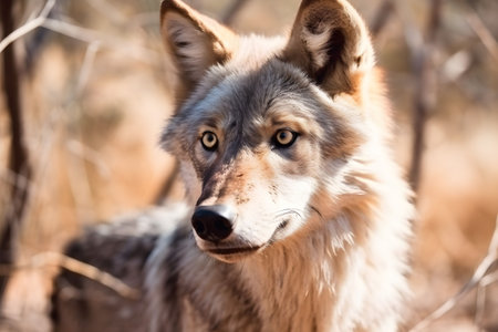 An AI generated illustration of a wolf in a forest onn a sunny day with a blurry backgroundの素材