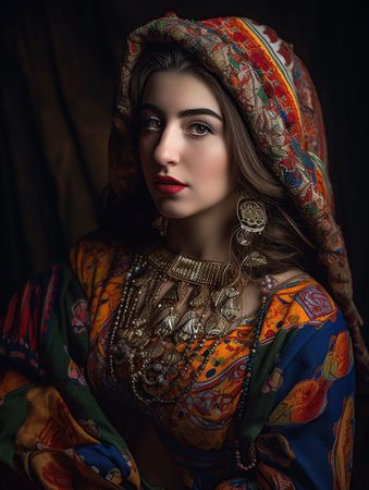 An AI generated illustration of portrait of a confident middle eastern woman wearing traditional attireの素材