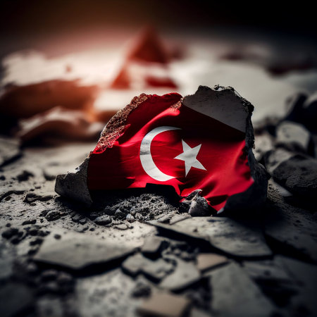 An AI generated illustration of a weathered Turkish flag laid atop a pile of debrisの素材