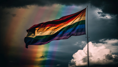 An AI-generated illustration of a rainbow flag on a pole in the sky in front of dark, ominous clouds.の素材