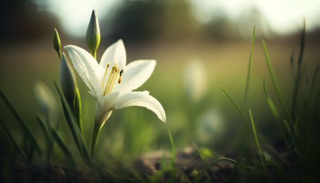 An AI generated illustration of a delicate white lily blooming in a sunny lush green grassy fieldの素材