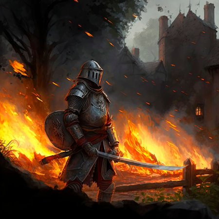 An AI generated illustration of a knight in full armor and a cape standing in front of a blazing fireの素材