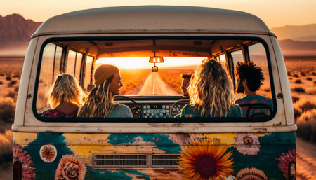 An AI-generated illustration of a group of people, sitting in a van driving into the sunset.の素材