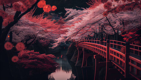 An AI-generated illustration of a tranquil bridge adorned with a backdrop of delicate cherry blossom trees.の素材