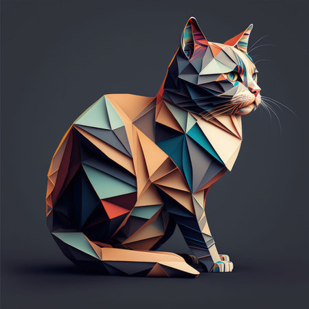 An AI generated illustration of a 3D origami-style cat against a black backgroundの素材