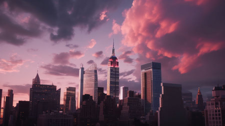 An AI generated illustration of a modern downtown skyline under a bright purple pink sunset skyの素材