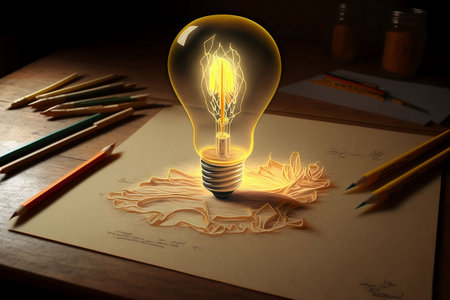 An AI-generated illustration of a lit light bulb illuminating an envelope on a table with pencilsの素材