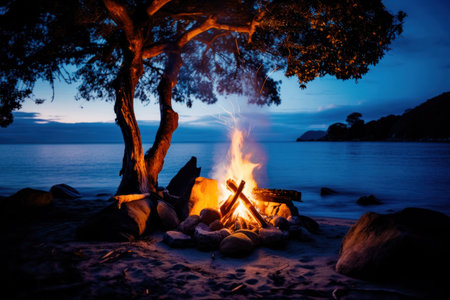 An AI generated illustration of a campfire near a lake under a cloudy sky in the eveningの素材