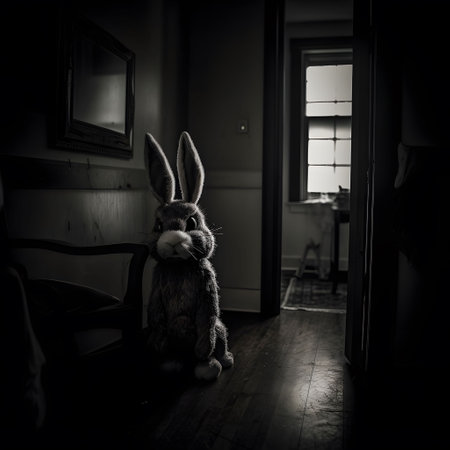 An AI-generated illustration of a creepy Easter bunny in a dark room.の素材