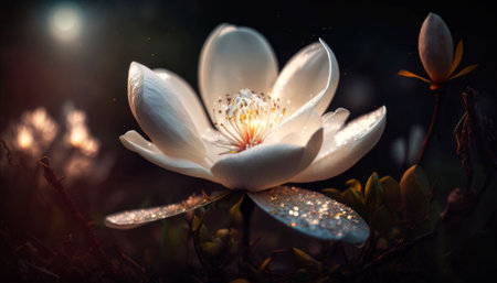 An AI generated illustration of a magical white Magnolia flower shimmering in the darknessの素材