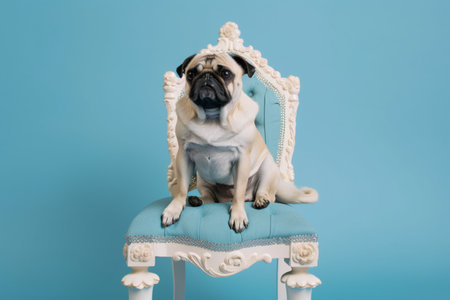 An AI generated illustration of a cute pug dog on an intricately designed armchair in a soft blue backgroundの素材