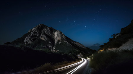 An AI generated illustration of Illuminated car headlights beam brightly against a dark night skyの素材