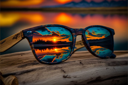 An AI generated illustration of the mesmerizing sunset over the lake reflecting on the glassesの素材