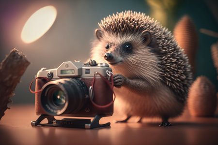 An AI generated illustration of a small cute Hedgehog using vintage cameraの素材
