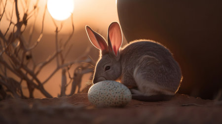 An AI generated illustration of a rabbit perched on the ground next to an egg illuminated with sunsetの素材