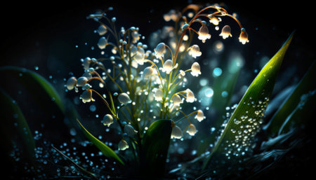 An AI generated illustration of a magical white lily of the valley flower shimmering in the darknessの素材