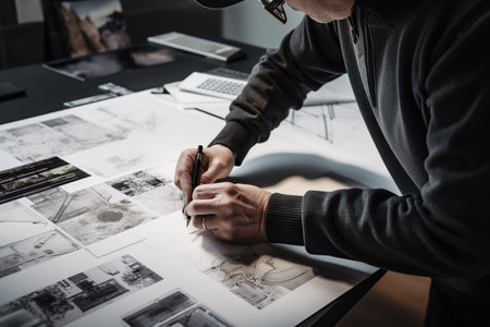 An AI generated illustration of a man moving a pencil over a sheet of paper, creating a schemeの素材