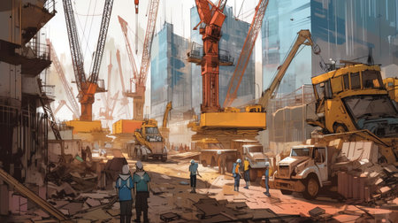 An AI generated illustration of a vibrant industrial construction site with workers and a variety of machinesの素材