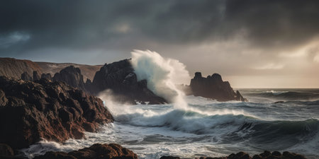 An AI generated illustration of a powerful wave crashing against a rugged rocky shoreline in the oceanの素材