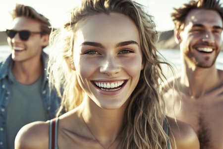 An AI generated illustration of friends enjoying a day on the beach on a sunny dayの素材