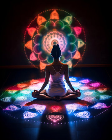 An AI generated illustration of A young woman wearing a white tank top is meditatingの素材