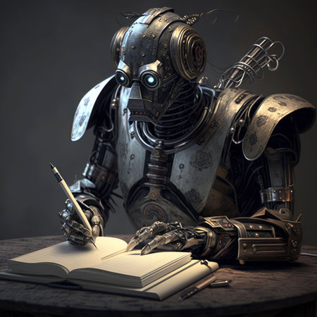 An AI generated illustration of a robot with a variety of writing materials laid out on a table in front of itの素材