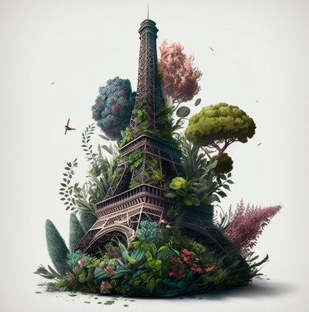 An AI generated Eiffel tower surrounded by growing bushesの素材