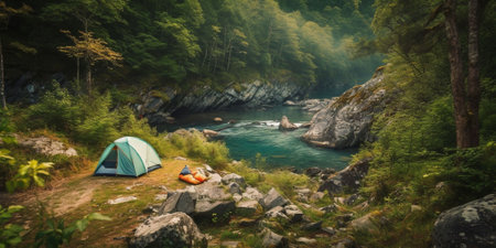 An AI generated illustration of a camping tent situated against a backdrop of rugged mountains and a cascading riverの素材