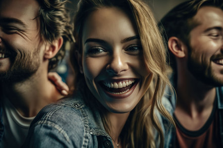 An AI generated illustration of happy adults  smiling and expressing joy and contentmentの素材