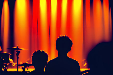 Silhouettes of two young boys standing in front of a concert hall featuring drums in the backgroundの素材