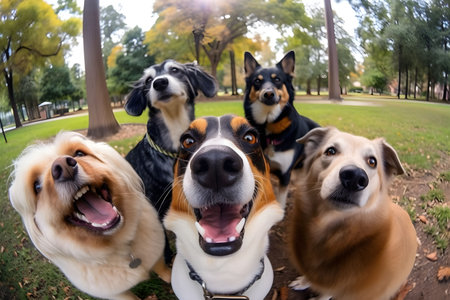 An AI-generated illustration of a fisheye shot of happy dogs at the parkの素材