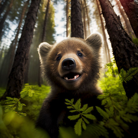 An AI generated illustration of a smiling brown bear in a forest on a sunny dayの素材