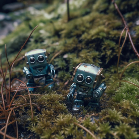 An AI generated illustration of two toy robots stand side by side in a nature environment surrounded by green mossの素材