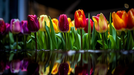 An AI-generated illustration of a vibrant arrangement of colorful tulips growing in the water.の素材