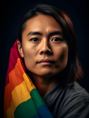 An AI generated illustration of A young Asian man standing confidently in front of a rainbow flagの素材