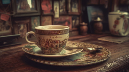 An AI generated illustration of a vintage porcelain cup and saucer set on a white tabletopの素材