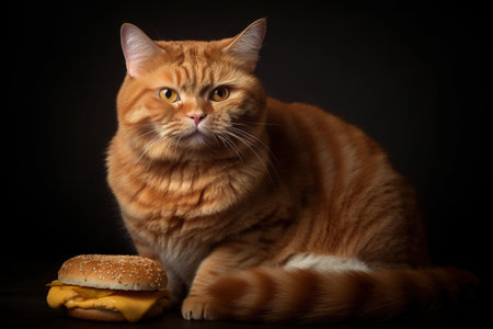 An AI generated illustration of a chubby cat sitting next to a hamburgerの素材
