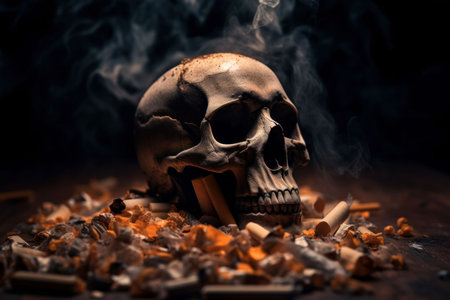 An AI generated illustration of A human skull resting atop a vintage wooden tableの素材