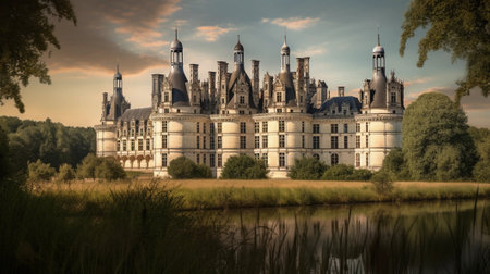 An AI-generated illustration of Chambord castle with multiple spires on the lakeside.の素材