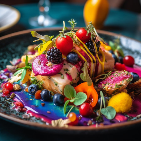 An AI generated illustration of a plate with a variety of fresh fruit and vegetables artfully arrangedの素材