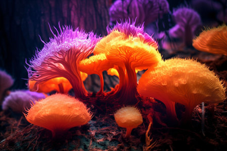 An AI generated illustration of vibrant collection of mushrooms growing together in a warm, sunlit areaの素材
